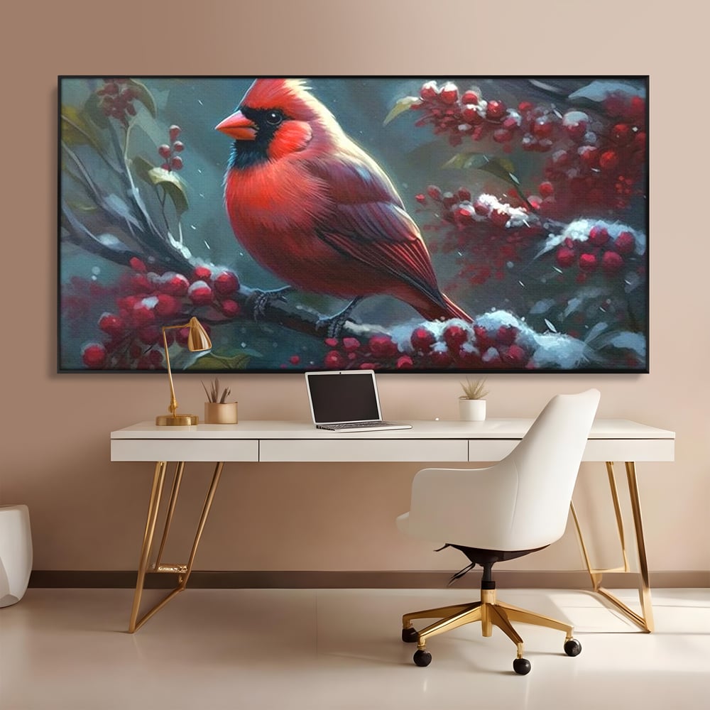 Tablou canvas cu tablou canvas cu pasare cardinal pe ramura inzapezita, in rama de aluminiu negru, pe perete intr-un birou